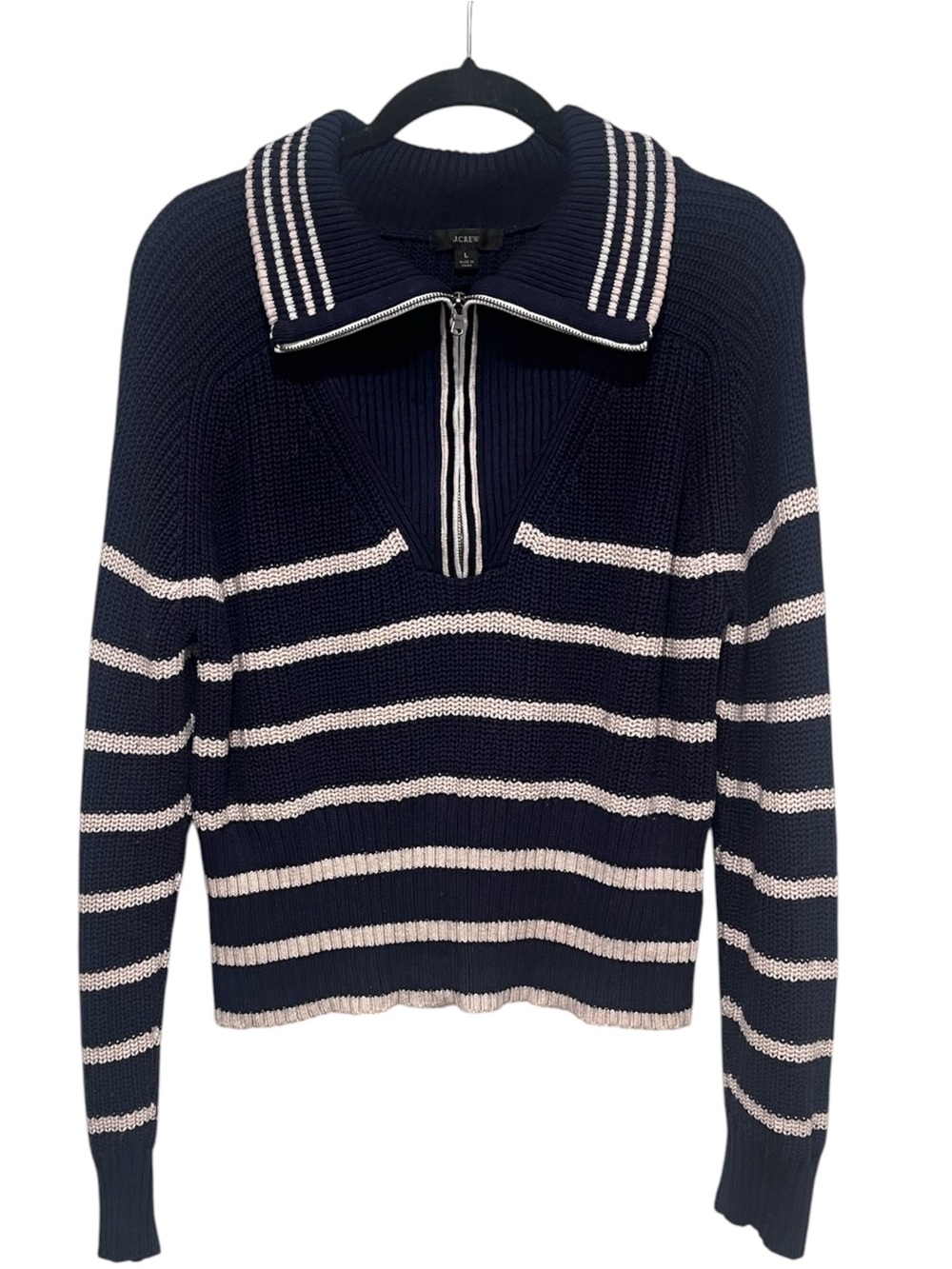 J.Crew Women’s Large Navy Stripe Half Zip Mock Neck Sweater